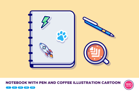 Notebook with Pen and Coffee Cartoon