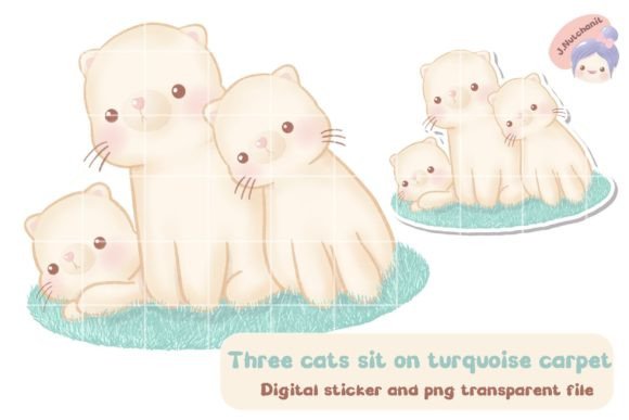 Three Cats on Turquoise Carpet